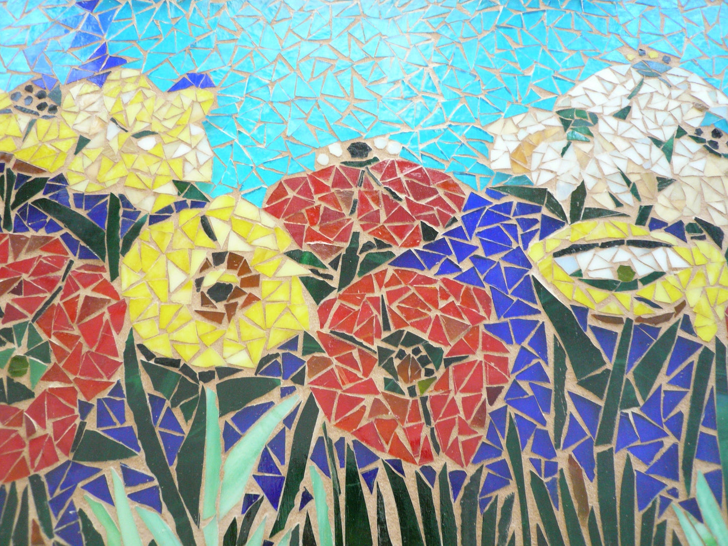 Mixed flower mosaic window, flower art, stained glass window, poppy window, flower mosaic, flower lover, garden art, flowers