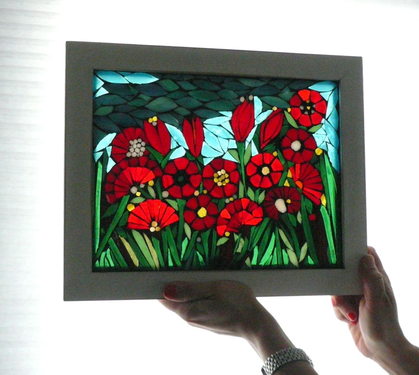 Mosaic poppy window, red stained glass window, garden mosaic art, mosaic flowers, flower art, poppies, poppy mosaic, wall art