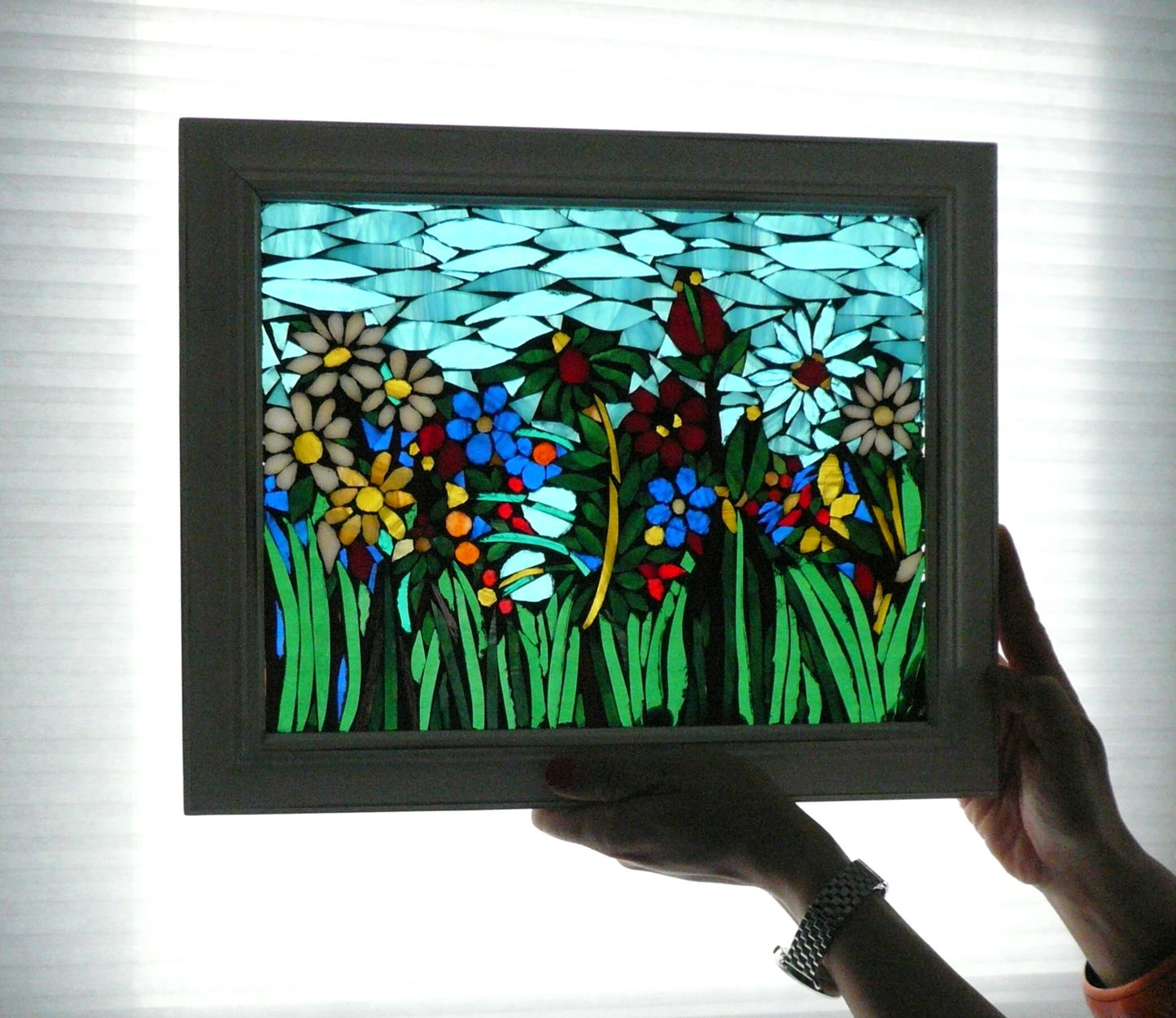 Mixed flowers stained glass window. Framed hanging glass art. Small garden mosaic wall art. Gift idea for garden lover.