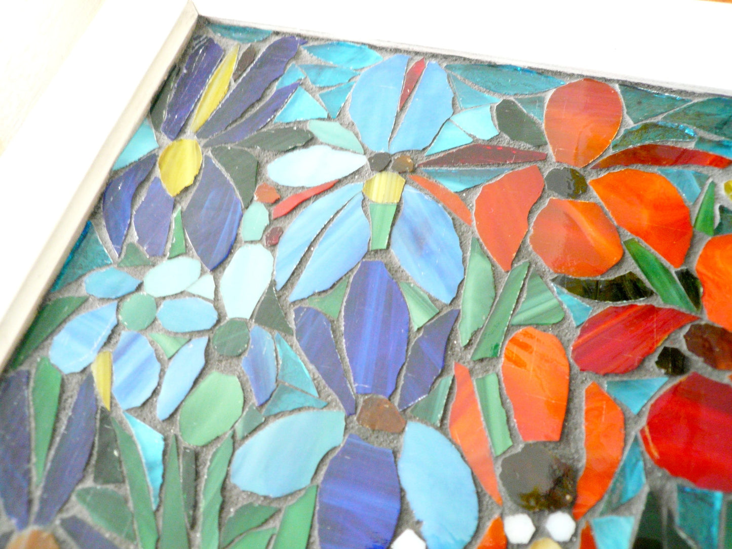 Iris Flower Mosaic, Blue Iris, stained glass Iris, custom art, botanical art, stained glass window, iris mosaic, blue art