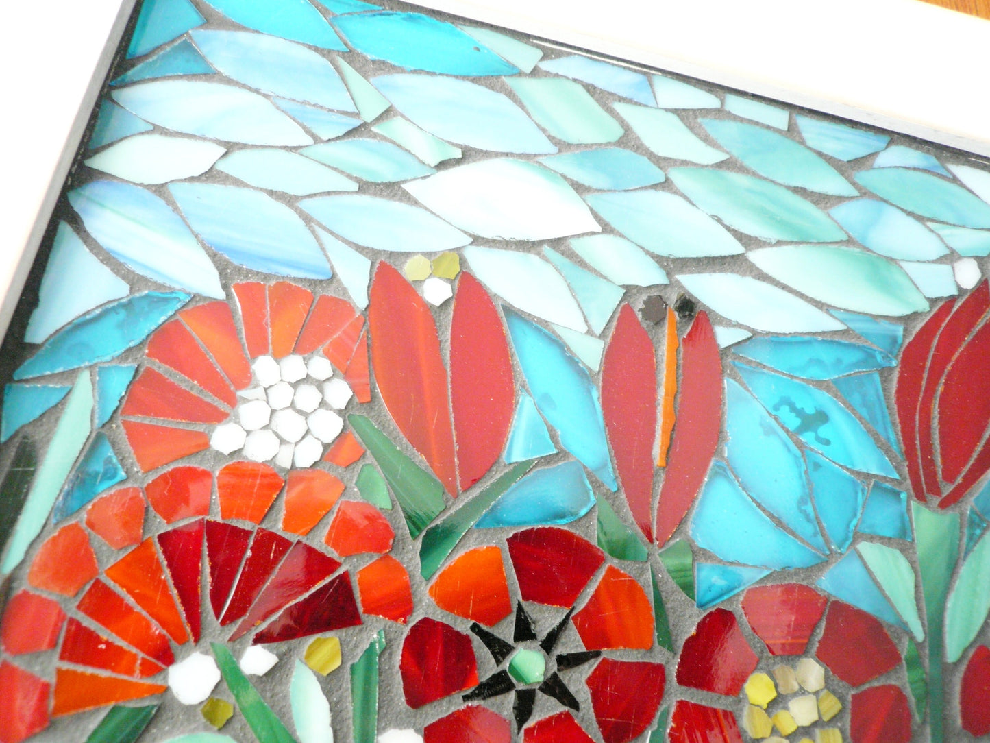 Mosaic poppy window, red stained glass window, garden mosaic art, mosaic flowers, flower art, poppies, poppy mosaic, wall art