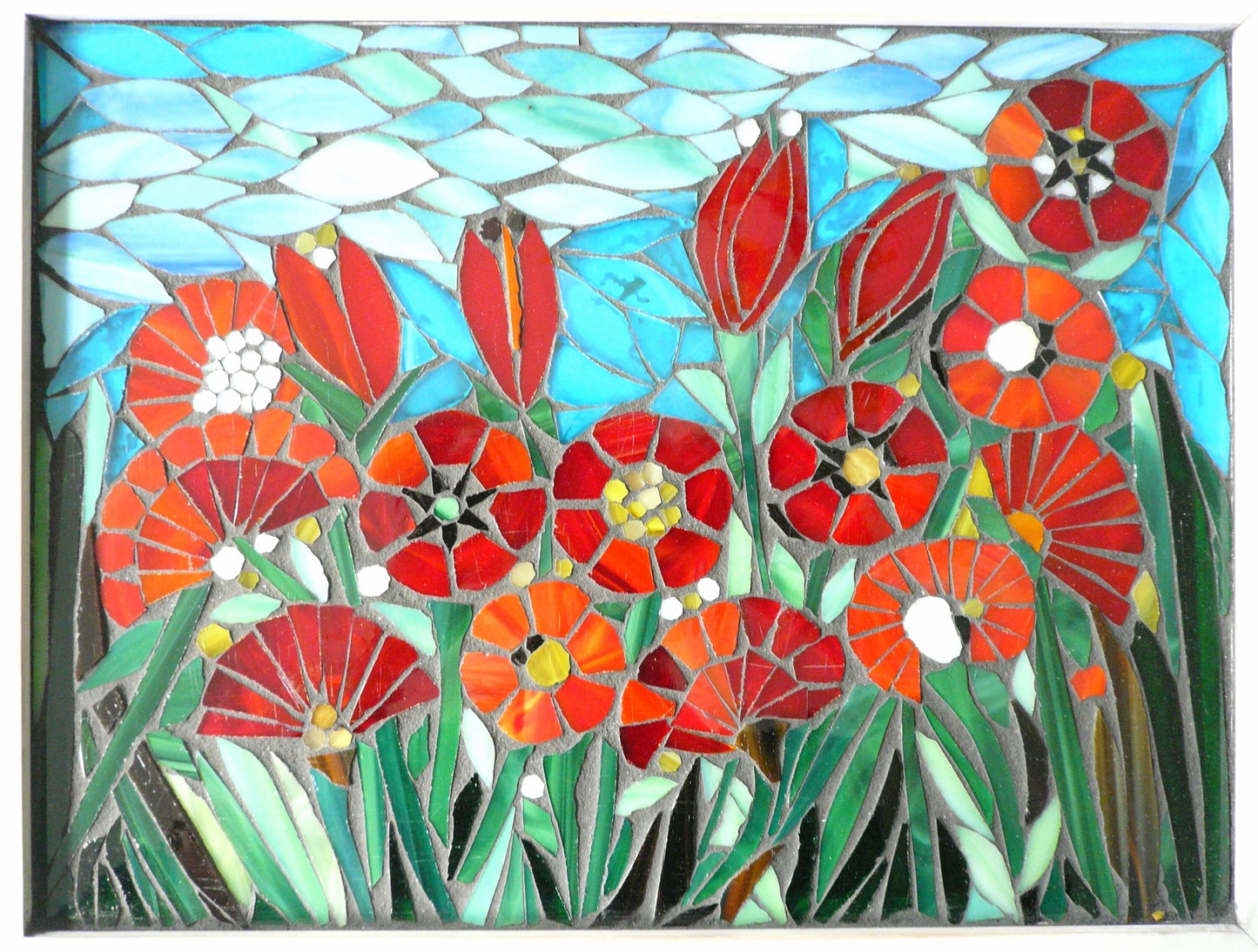 Mosaic poppy window, red stained glass window, garden mosaic art, mosaic flowers, flower art, poppies, poppy mosaic, wall art