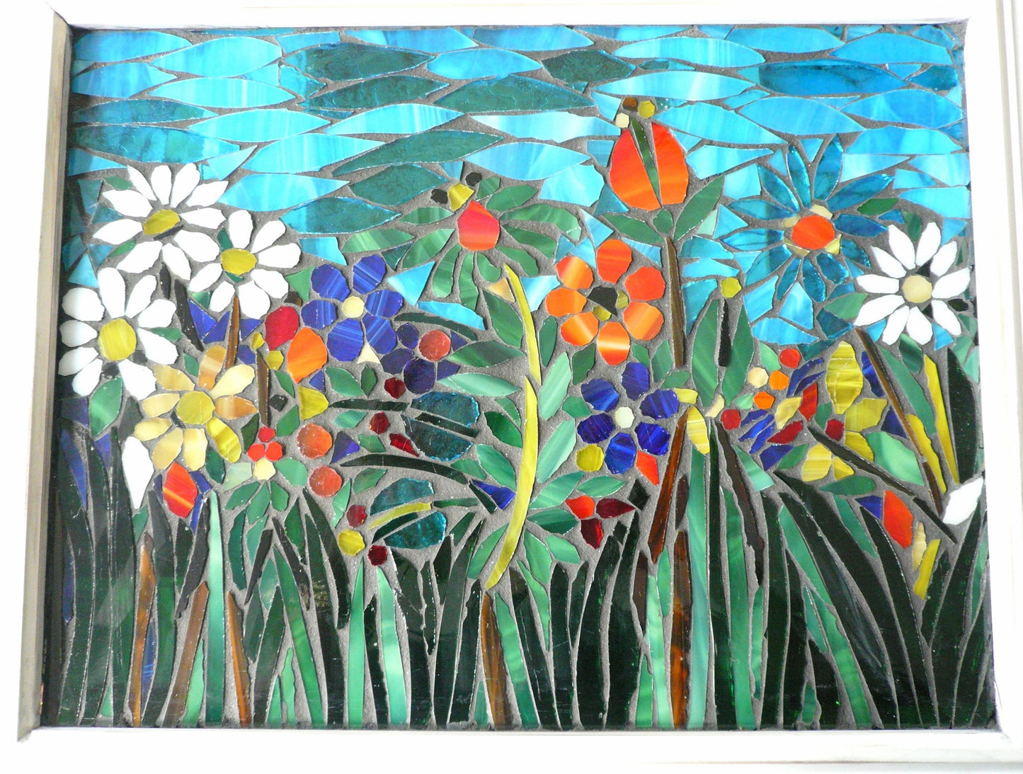 Mixed flowers stained glass window. Framed hanging glass art. Small garden mosaic wall art. Gift idea for garden lover.