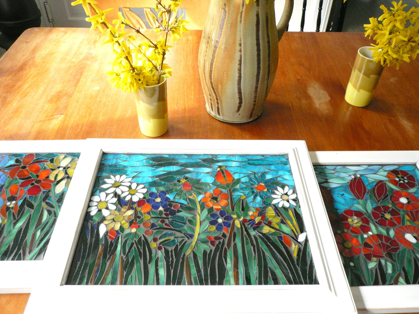 Mixed flowers stained glass window. Framed hanging glass art. Small garden mosaic wall art. Gift idea for garden lover.