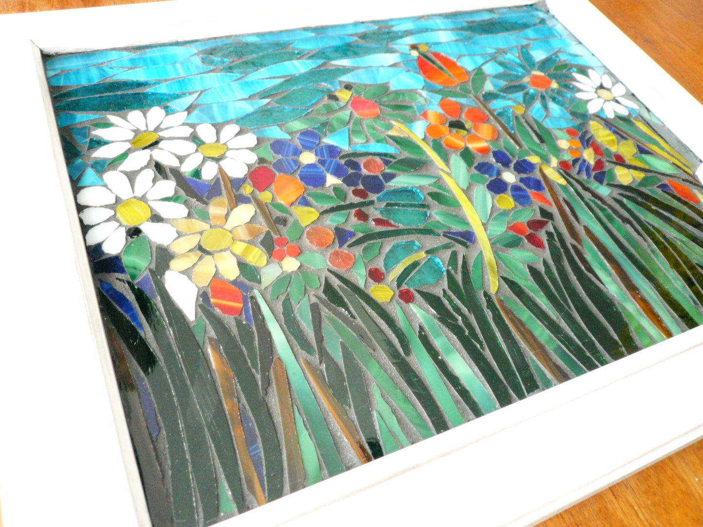 Mixed flowers stained glass window. Framed hanging glass art. Small garden mosaic wall art. Gift idea for garden lover.