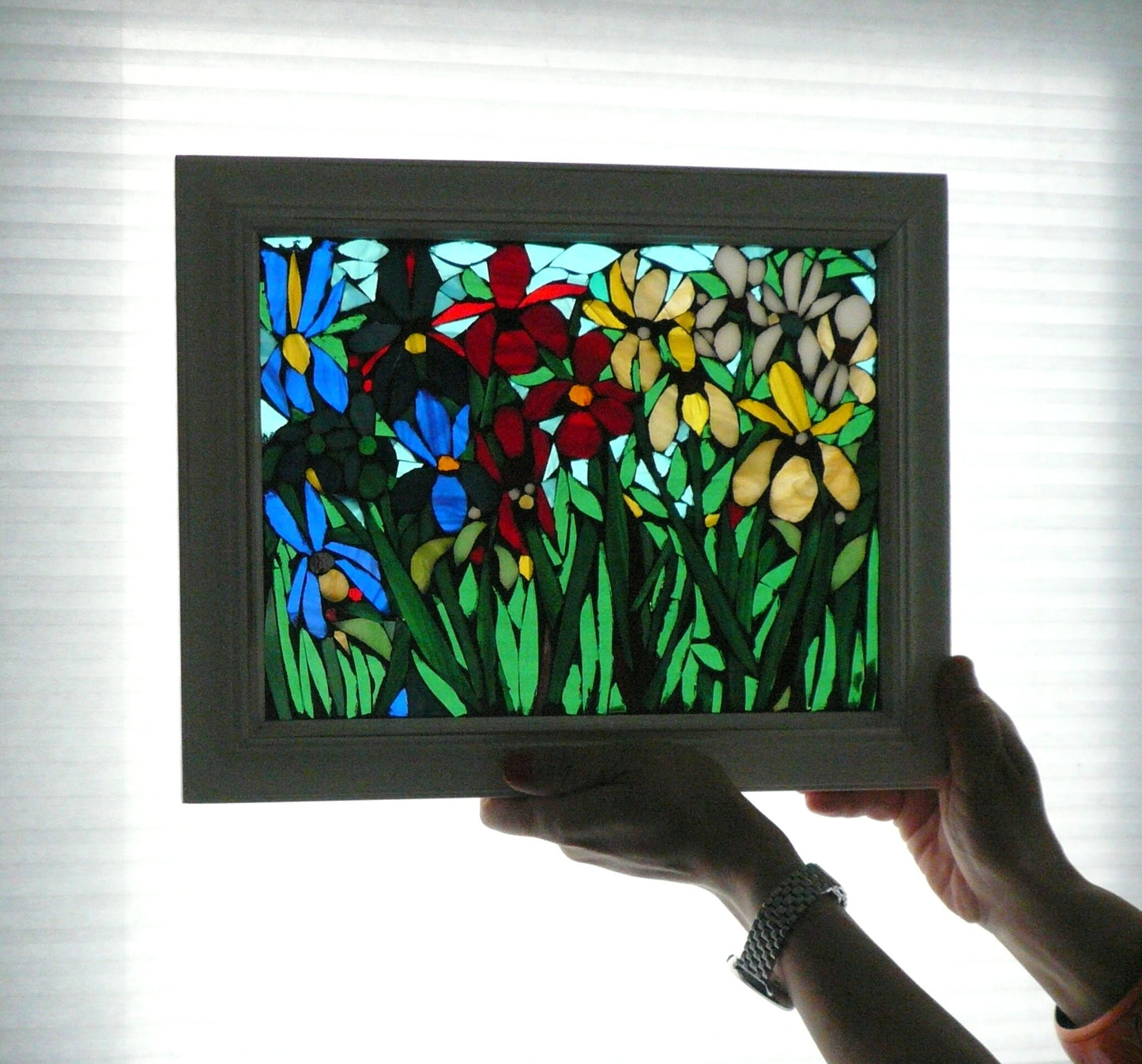 Iris Flower Mosaic, Blue Iris, stained glass Iris, custom art, botanical art, stained glass window, iris mosaic, blue art
