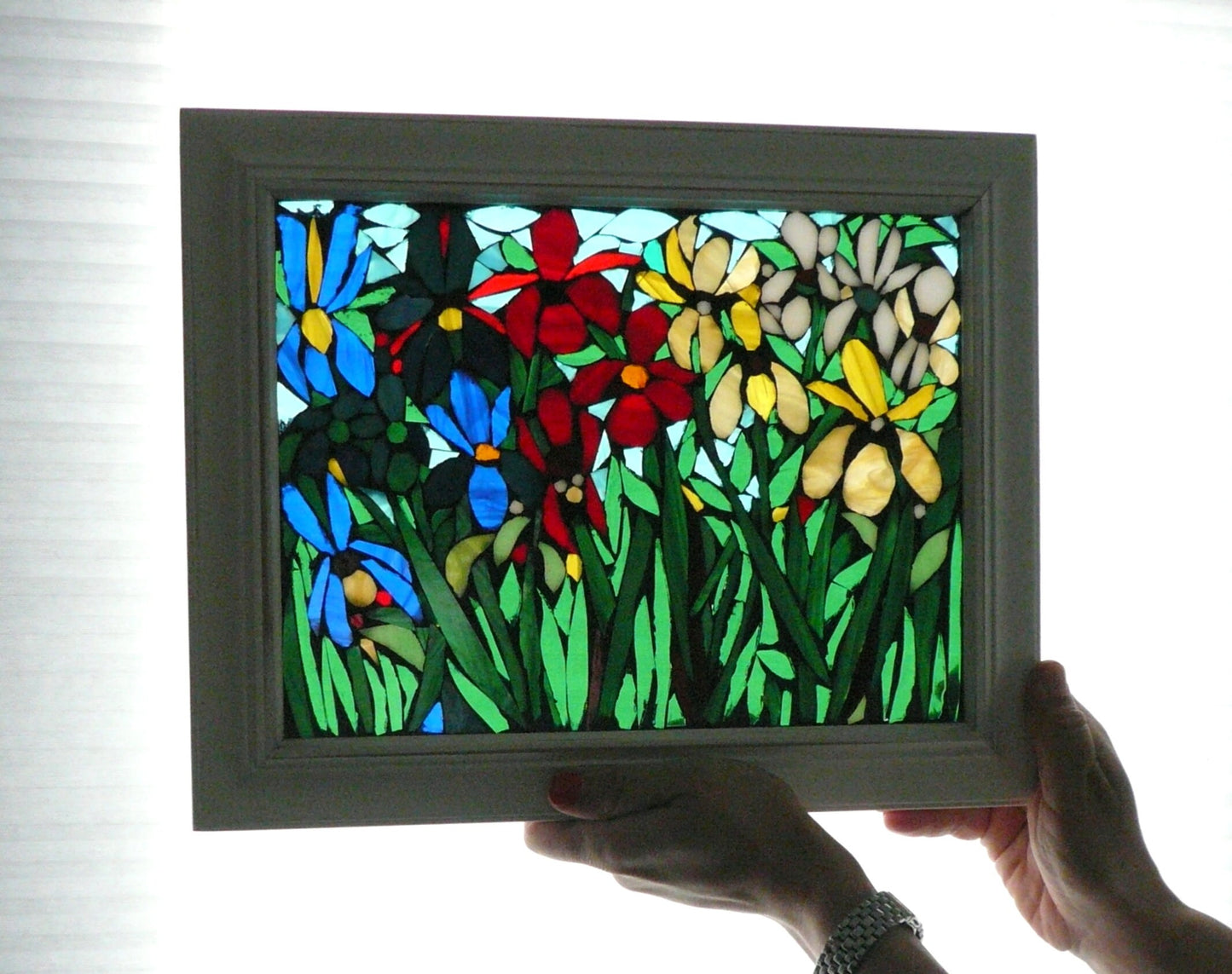 Iris Flower Mosaic, Blue Iris, stained glass Iris, custom art, botanical art, stained glass window, iris mosaic, blue art
