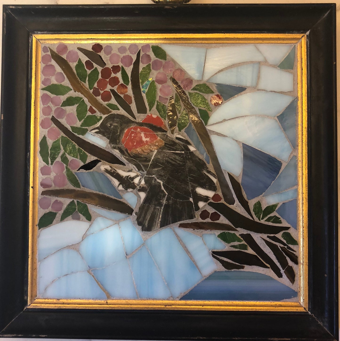 Stained glass mosaic bird. Small antique frame. Black bird sitting on a branch with berries. Abstract bird artwork. Gift for bird watcher.