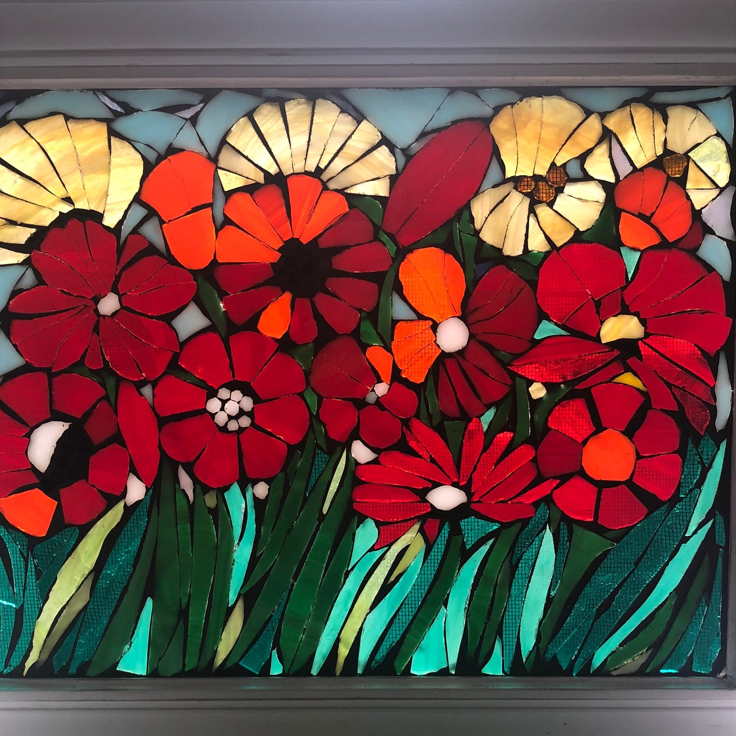 Mosaic poppy window, poppy mosaic, stained glass window, Flower art, poppy art, stained glass mosaic, poppy garden art, botanicals