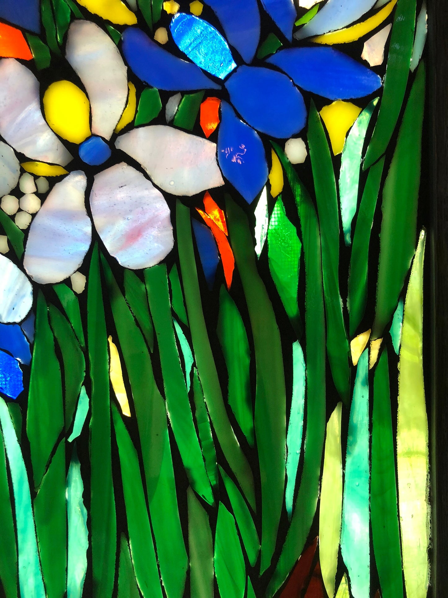 Iris Flower Mosaic Blue iris stained glass window, botanical art, flower art, flower window mosaic, landscapes, irises, blue