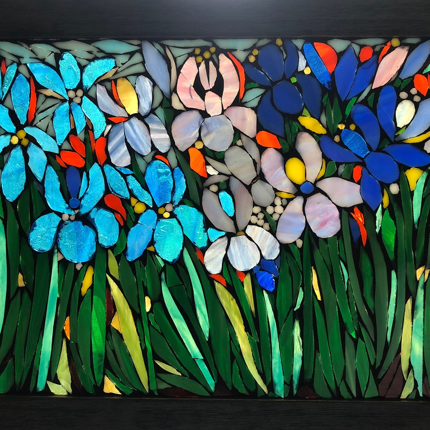 Iris Flower Mosaic Blue iris stained glass window, botanical art, flower art, flower window mosaic, landscapes, irises, blue