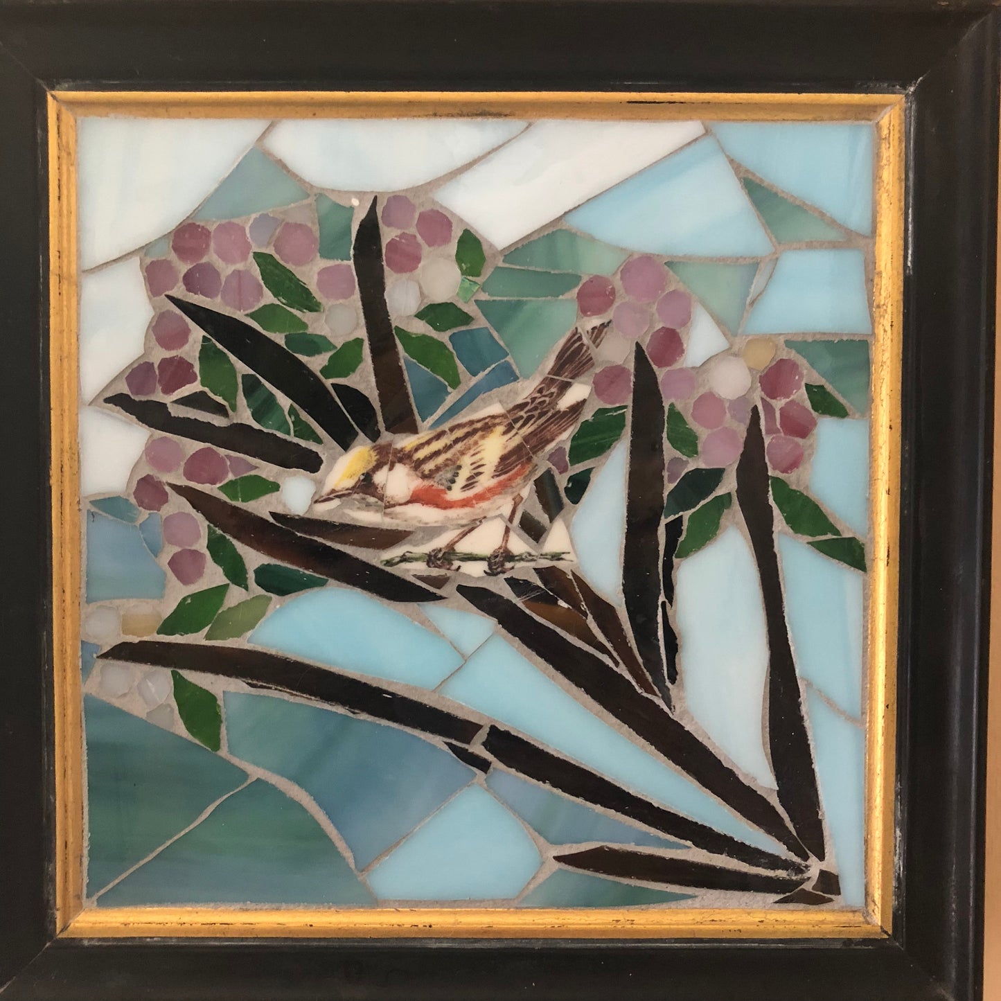 Chestnut-Sided Warbler, Stained Glass Mosaic, Broken China Mosaic, wall art, bird art, mosaic bird, custom mosaic, bird lover