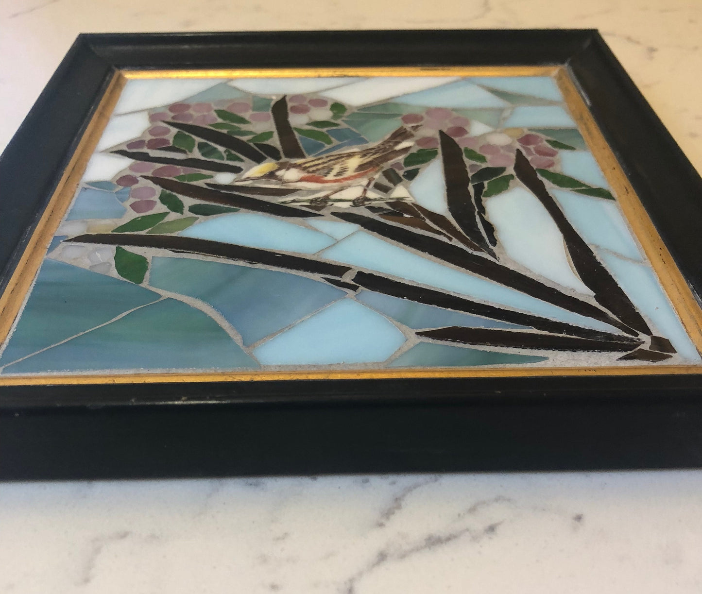 Chestnut-Sided Warbler, Stained Glass Mosaic, Broken China Mosaic, wall art, bird art, mosaic bird, custom mosaic, bird lover