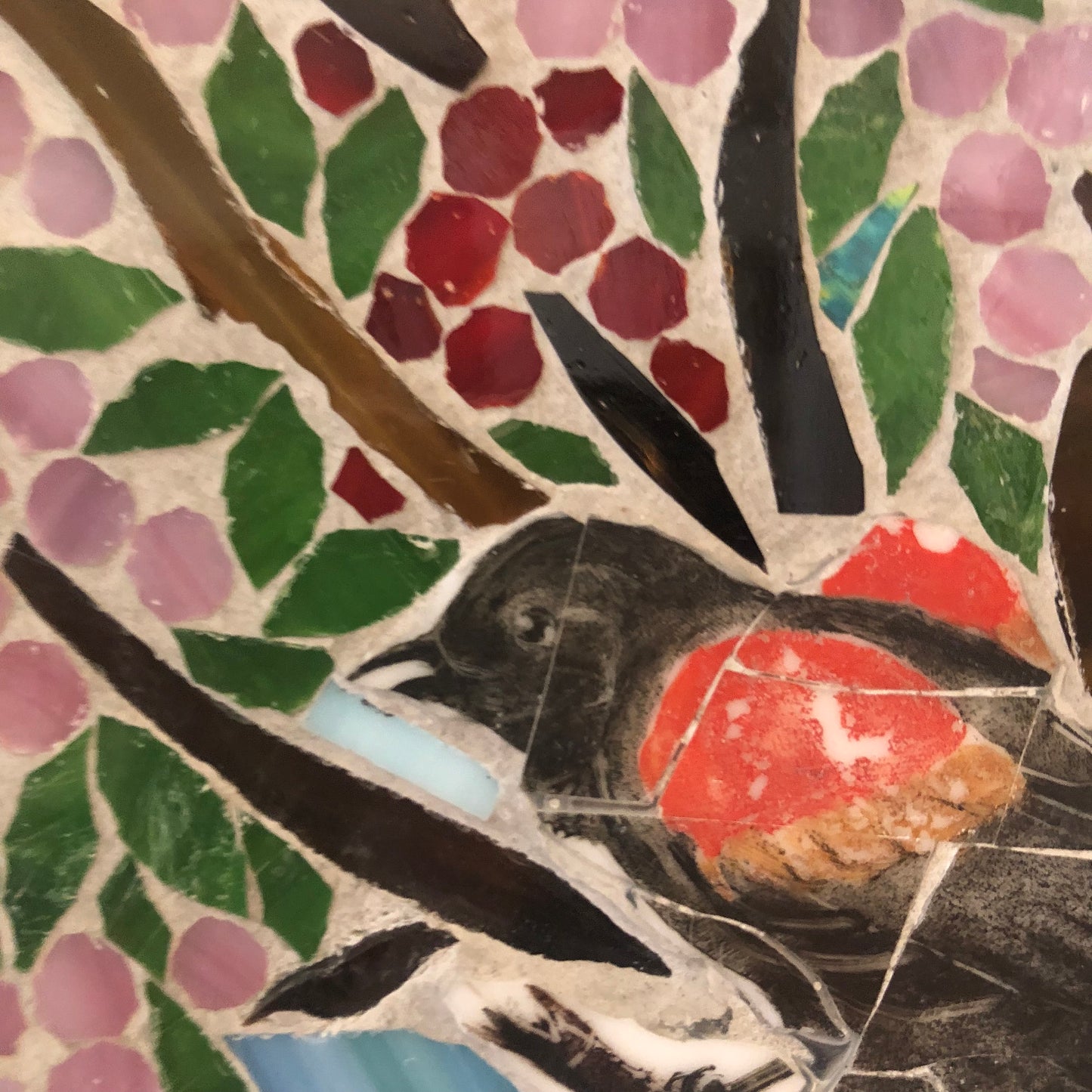 Stained glass mosaic bird. Small antique frame. Black bird sitting on a branch with berries. Abstract bird artwork. Gift for bird watcher.