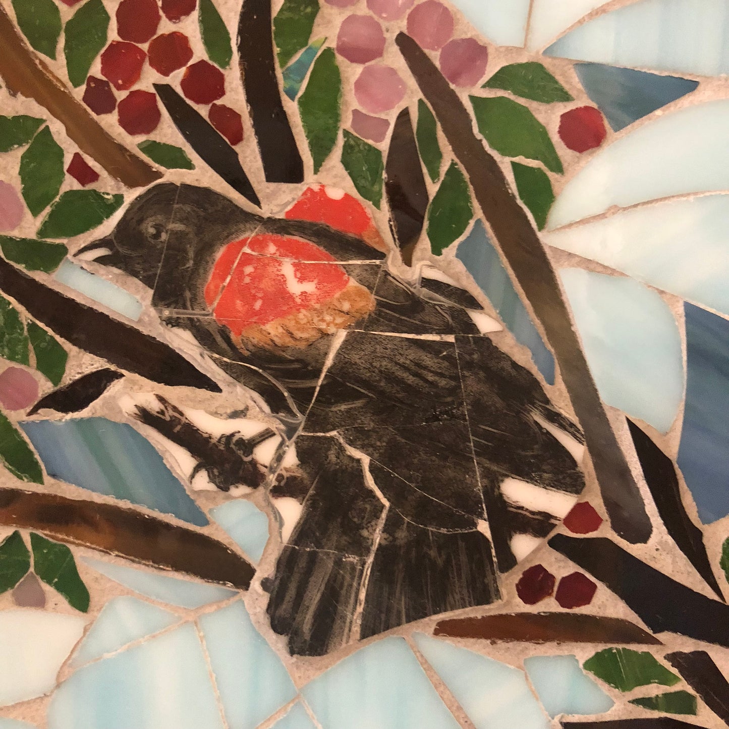 Stained glass mosaic bird. Small antique frame. Black bird sitting on a branch with berries. Abstract bird artwork. Gift for bird watcher.