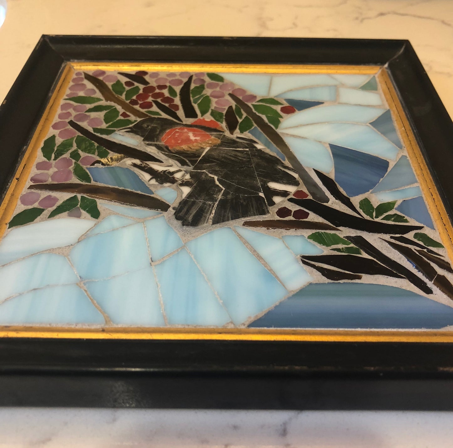 Stained glass mosaic bird. Small antique frame. Black bird sitting on a branch with berries. Abstract bird artwork. Gift for bird watcher.