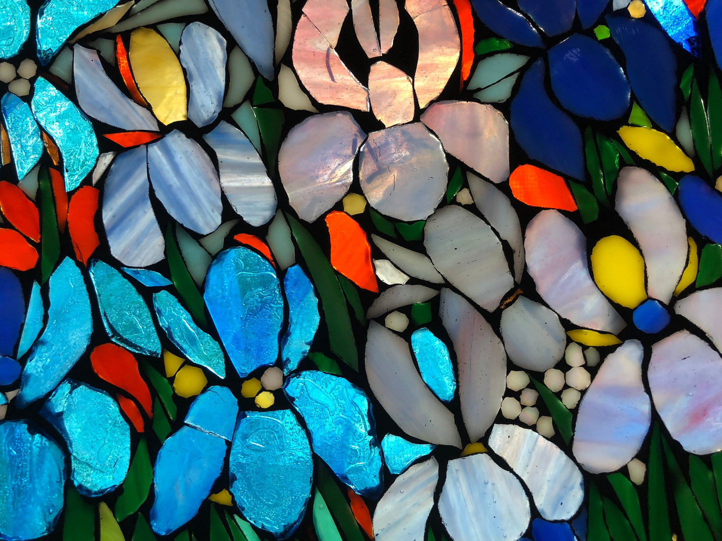 Iris Flower Mosaic Blue iris stained glass window, botanical art, flower art, flower window mosaic, landscapes, irises, blue