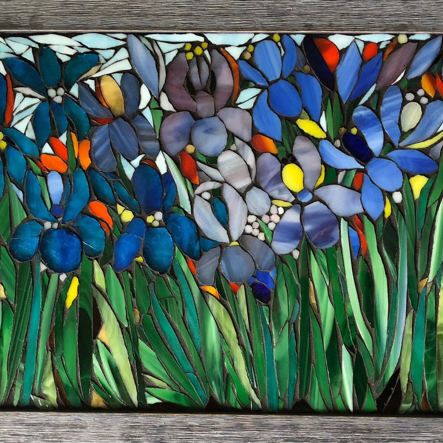 Iris Flower Mosaic Blue iris stained glass window, botanical art, flower art, flower window mosaic, landscapes, irises, blue