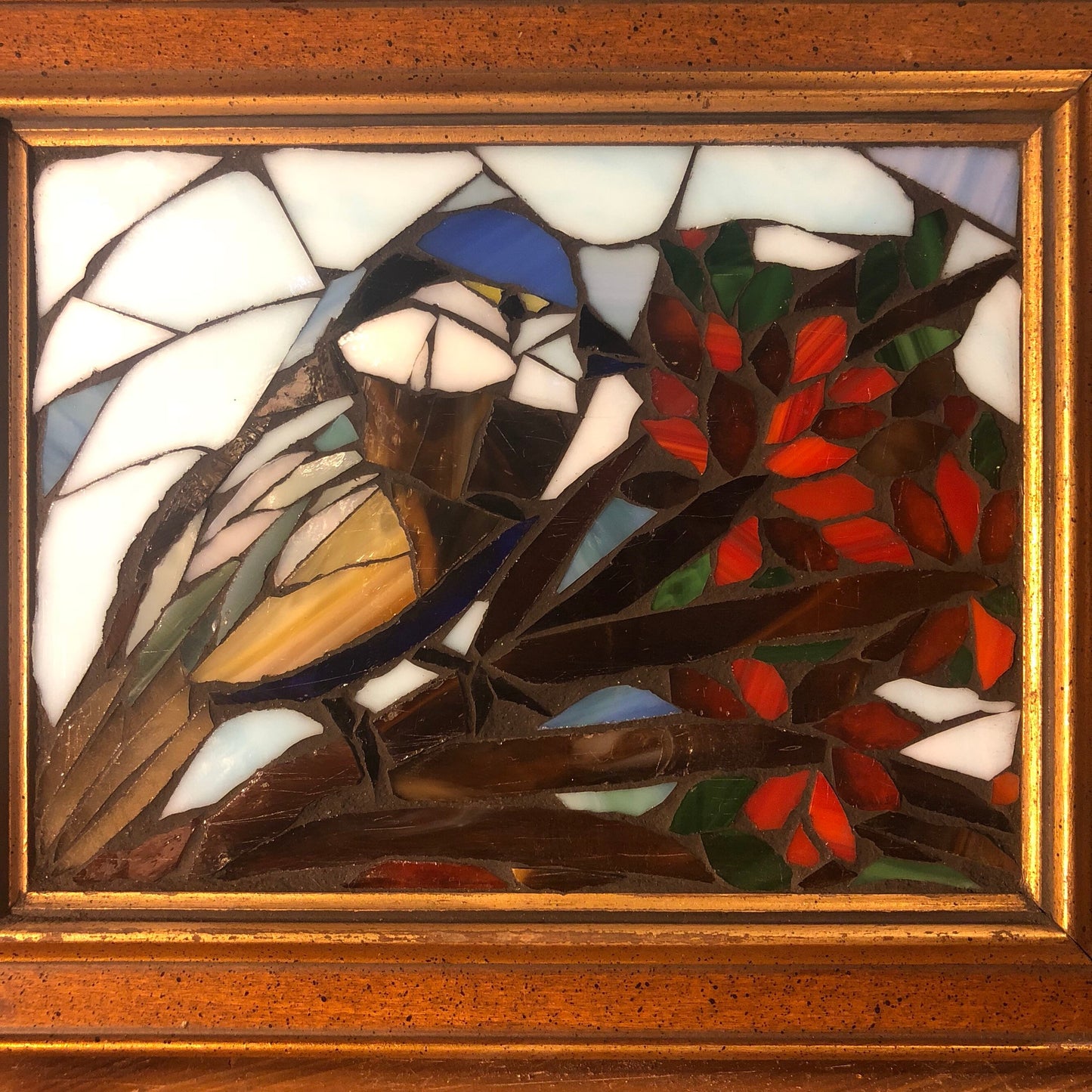 Stained glass mosaic bird. Small antique frame. Chickadee sitting on a branch with red berries. Gift for bird watcher.