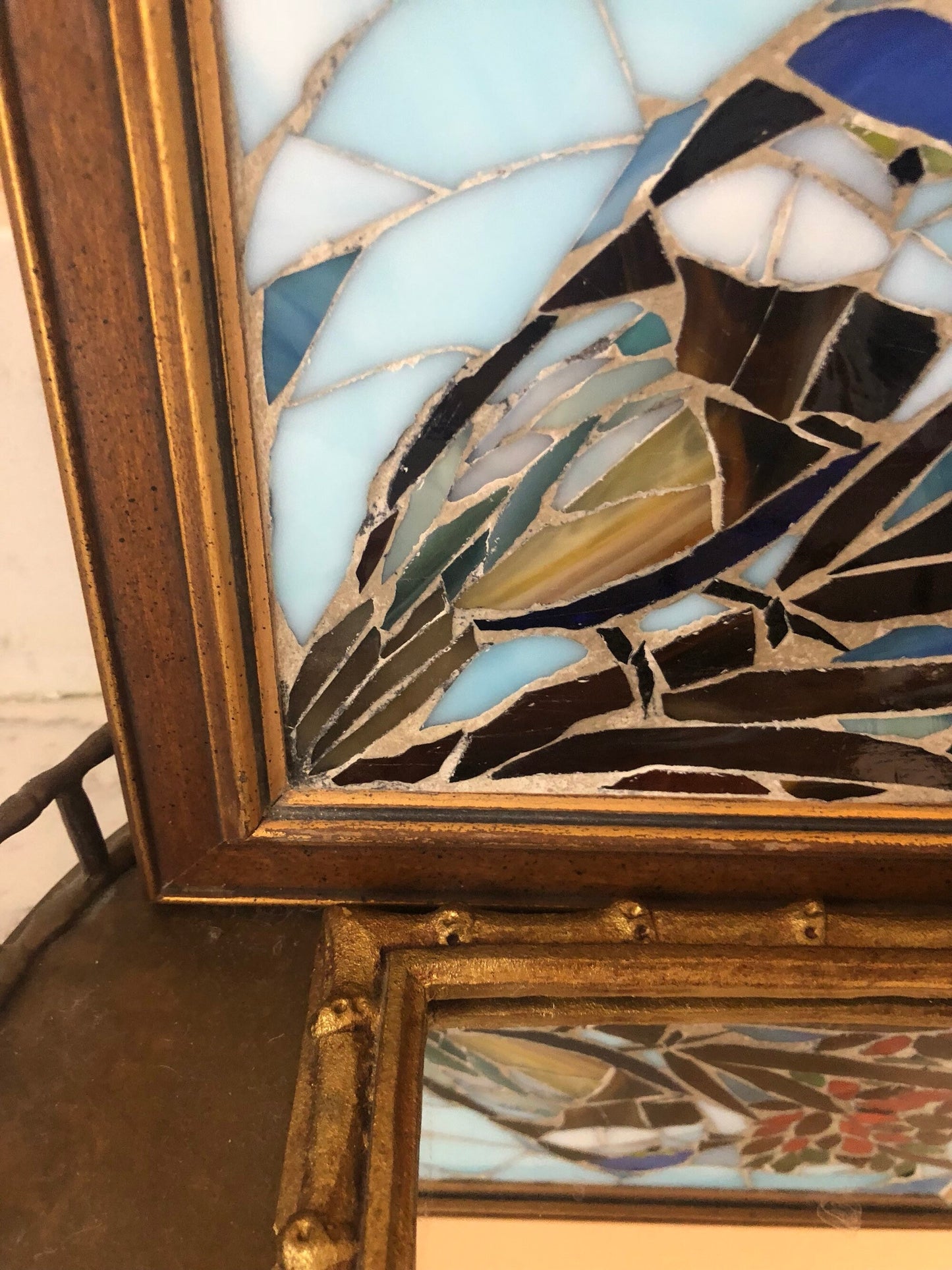 Stained glass mosaic bird. Small antique frame. Chickadee sitting on a branch with red berries. Gift for bird watcher.