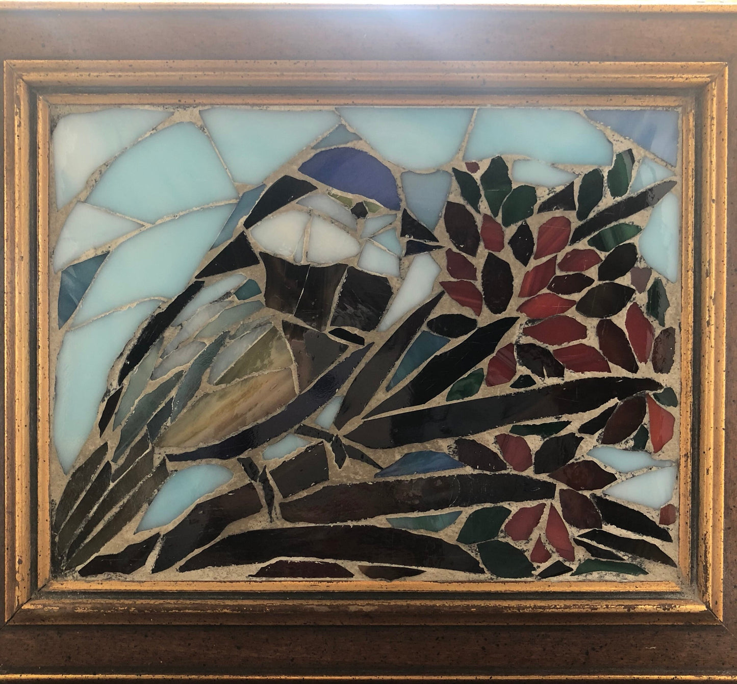 Stained glass mosaic bird. Small antique frame. Chickadee sitting on a branch with red berries. Gift for bird watcher.