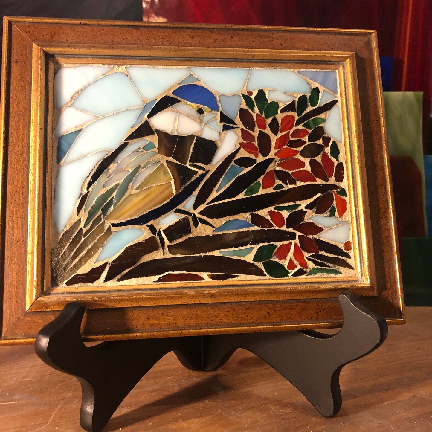 Stained glass mosaic bird. Small antique frame. Chickadee sitting on a branch with red berries. Gift for bird watcher.