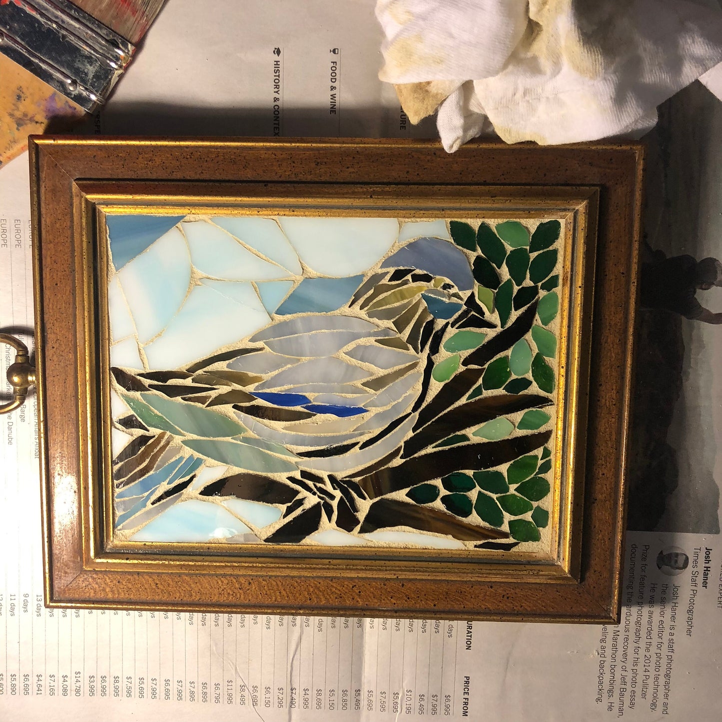 Stained glass mosaic bird. Small antique frame. Dove sitting on a branch with green leaves. Abstract bird artwork. Gift for bird watcher.