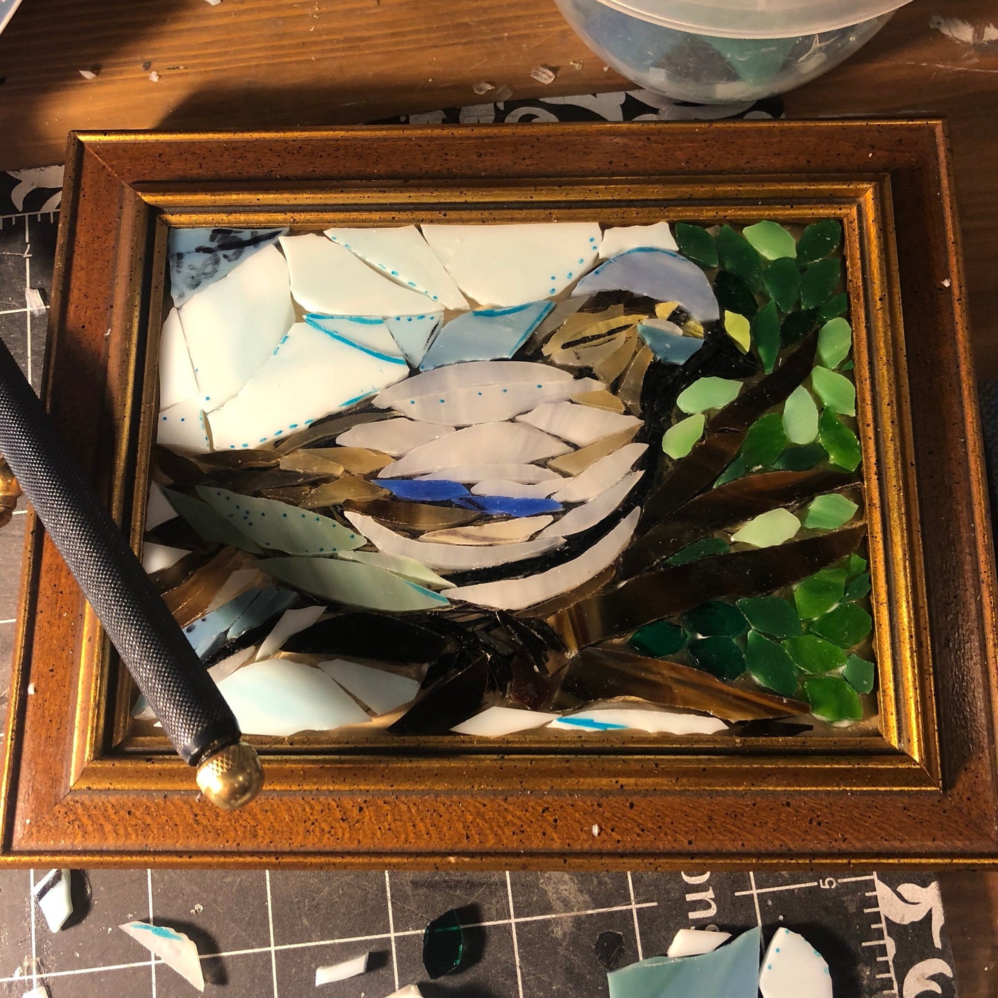 Stained glass mosaic bird. Small antique frame. Dove sitting on a branch with green leaves. Abstract bird artwork. Gift for bird watcher.