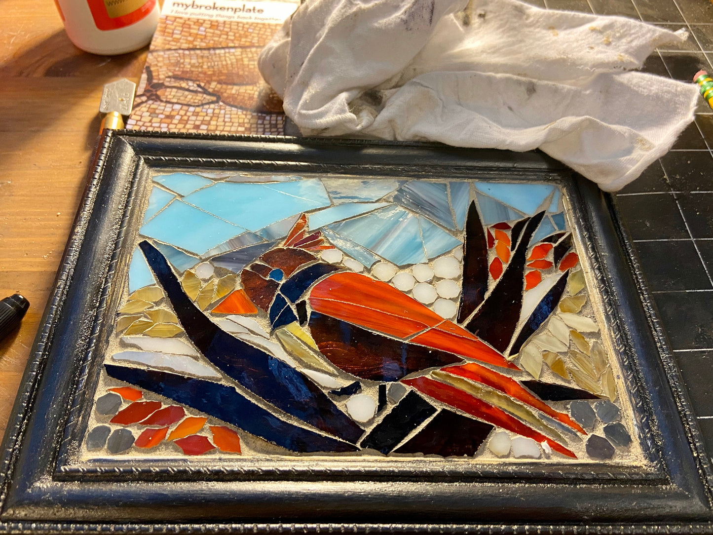 Stained glass mosaic bird. Small antique frame. Cardinal sitting on a branch with red berries. Abstract bird artwork. Gift for bird watcher.