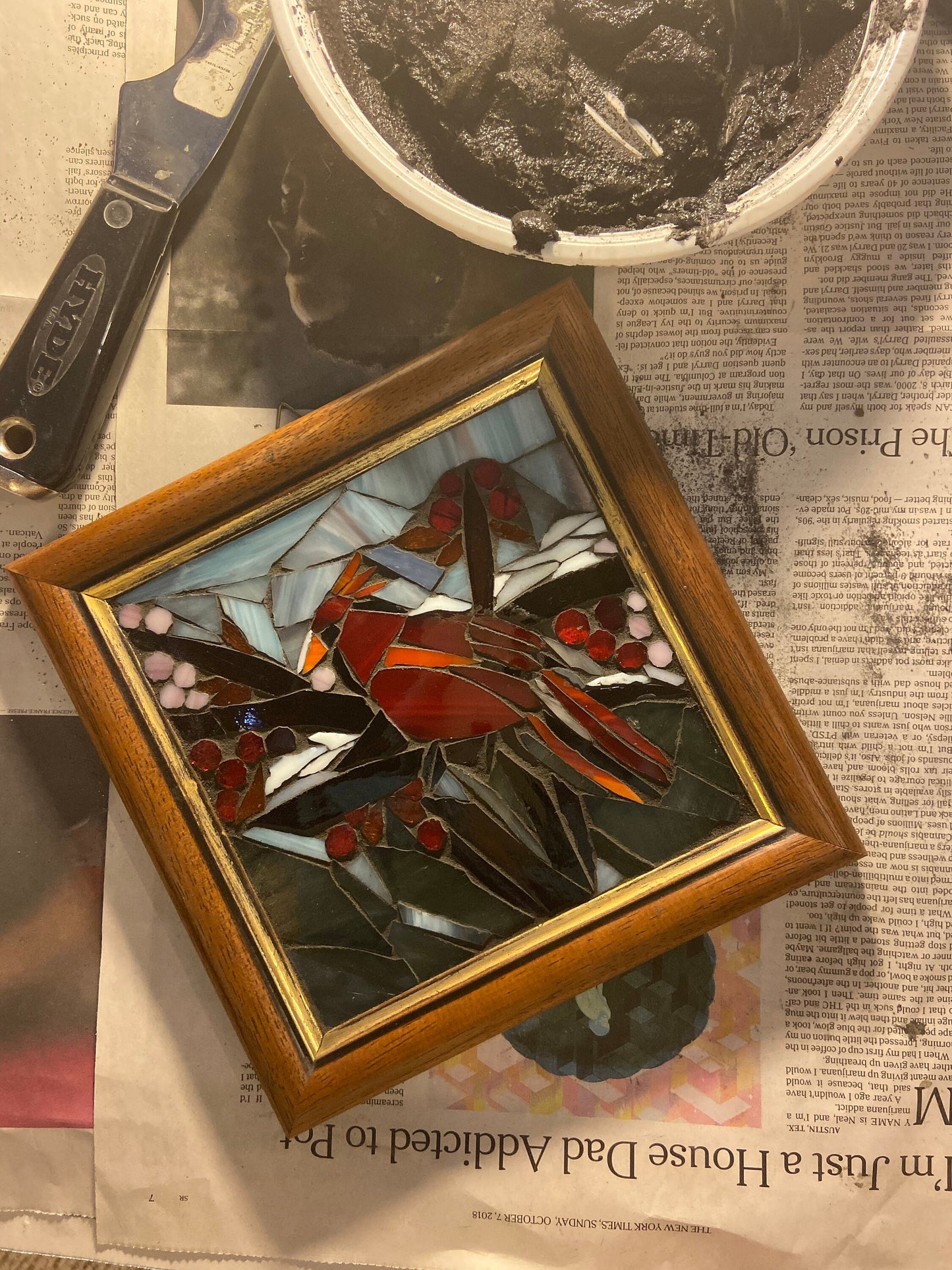 Stained glass mosaic bird. Small antique frame. Cardinal sitting on a branch with red berries. Abstract bird artwork. Gift for bird watcher.