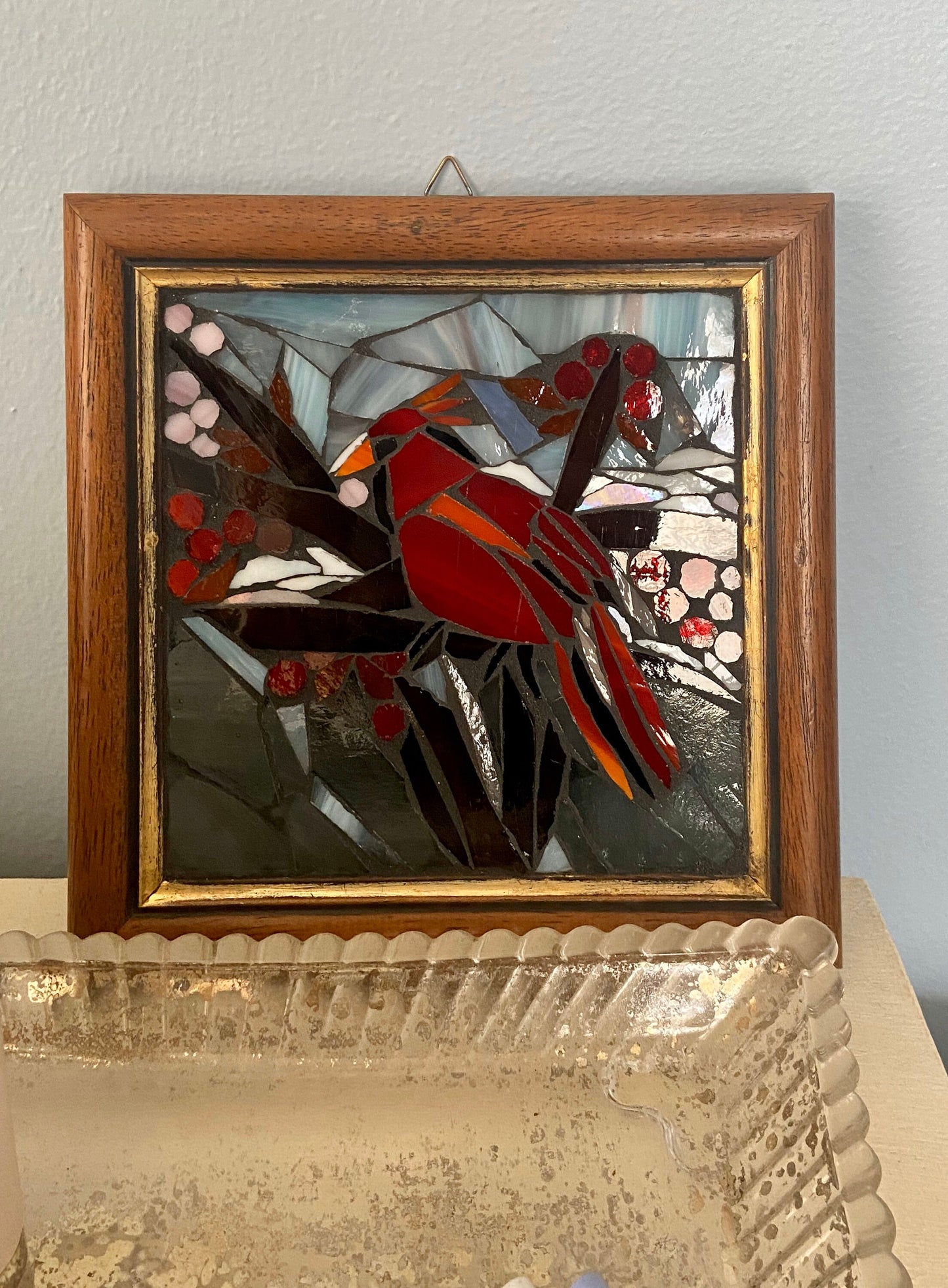 Stained glass mosaic bird. Small antique frame. Cardinal sitting on a branch with red berries. Abstract bird artwork. Gift for bird watcher.