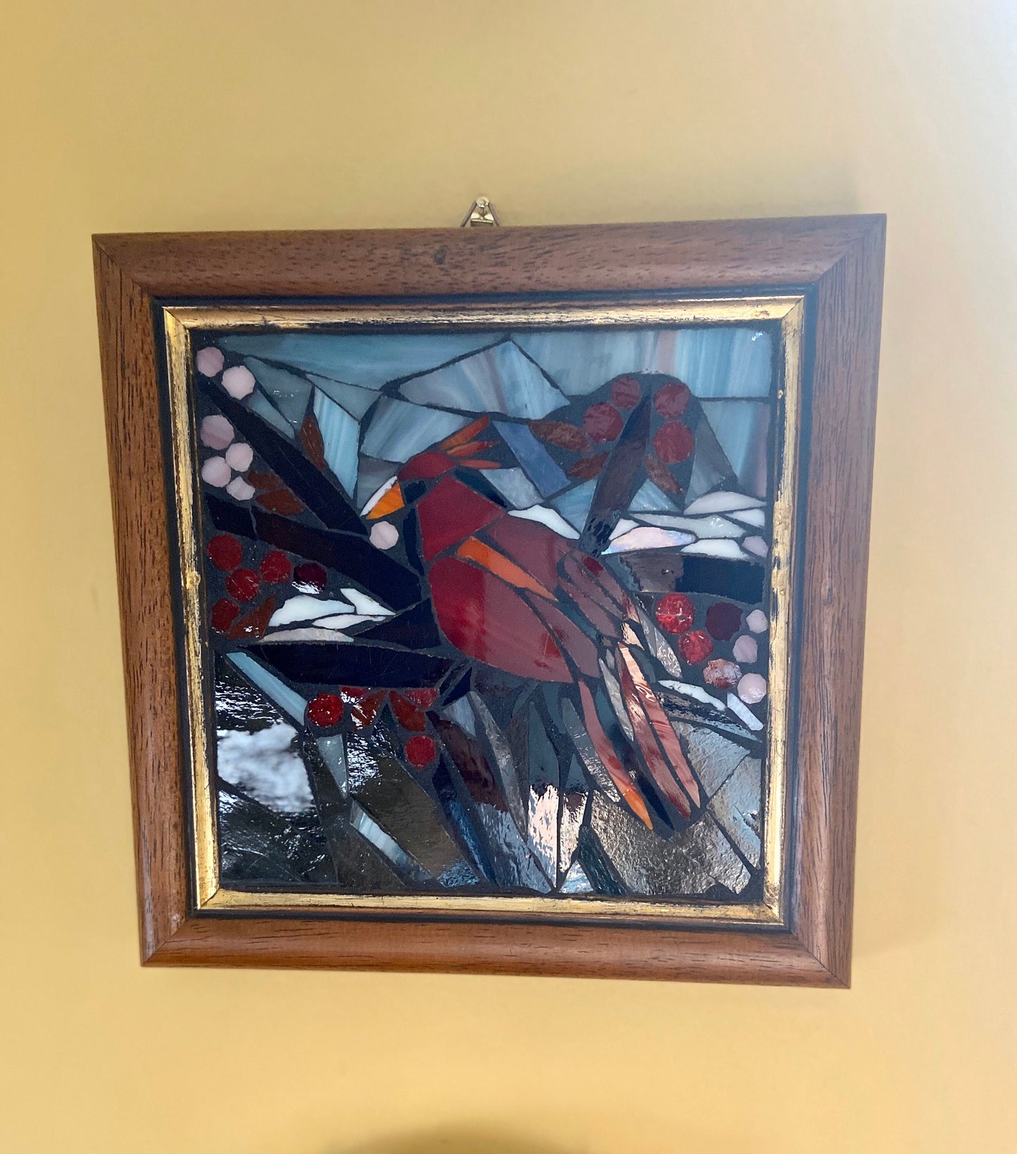 Stained glass mosaic bird. Small antique frame. Cardinal sitting on a branch with red berries. Abstract bird artwork. Gift for bird watcher.