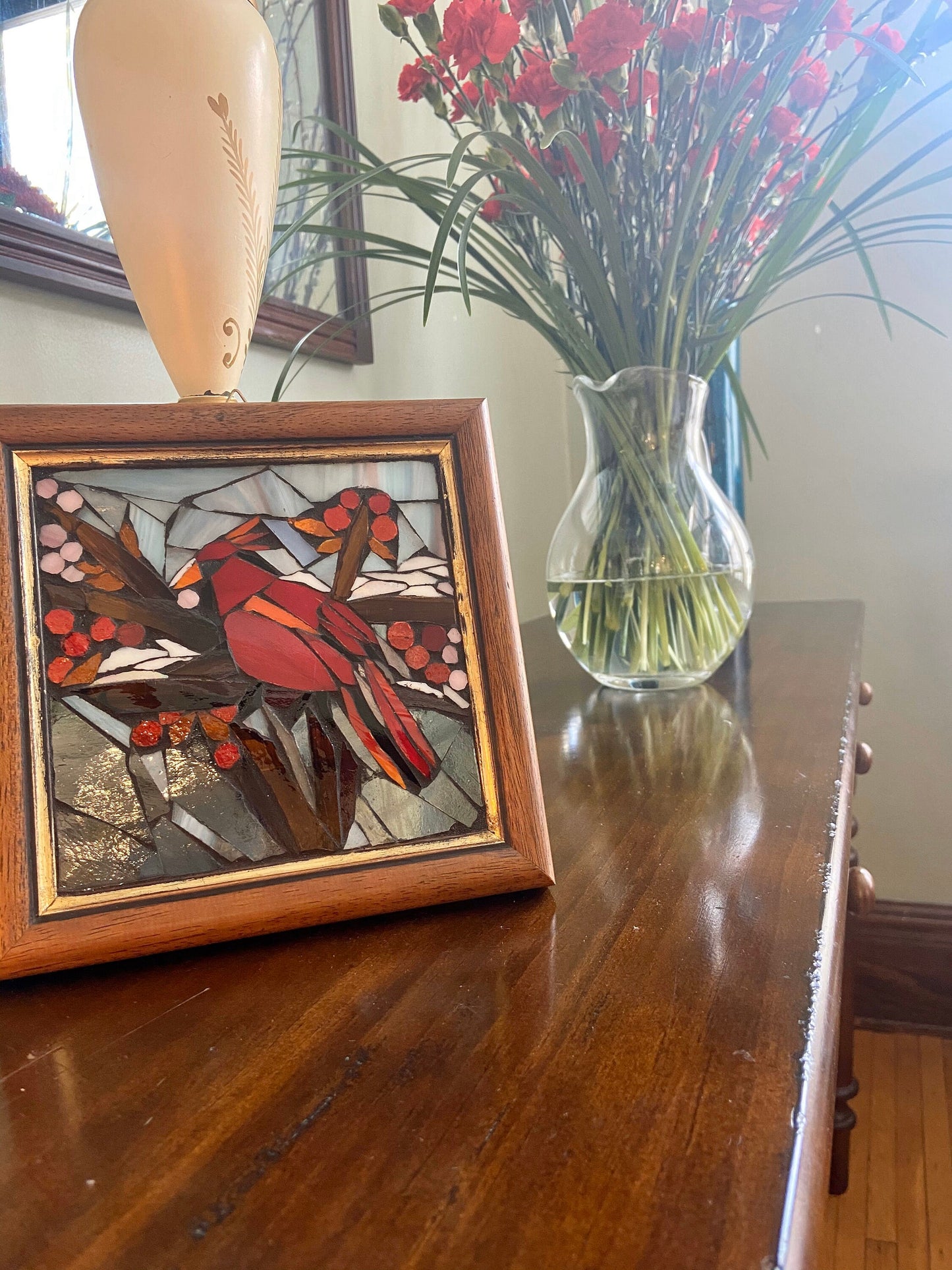 Stained glass mosaic bird. Small antique frame. Cardinal sitting on a branch with red berries. Abstract bird artwork. Gift for bird watcher.