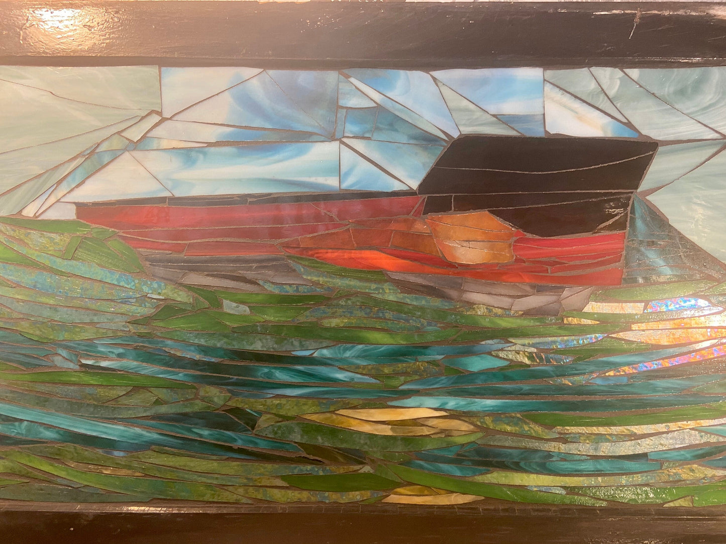 Steamer boat stained glass window. Framed mosaic hanging glass art. Large nautical wall panel. Gift idea for a boat lover.