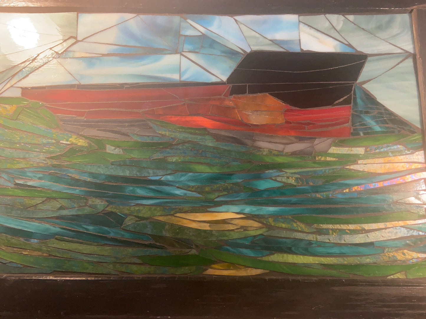 Steamer boat stained glass window. Framed mosaic hanging glass art. Large nautical wall panel. Gift idea for a boat lover.