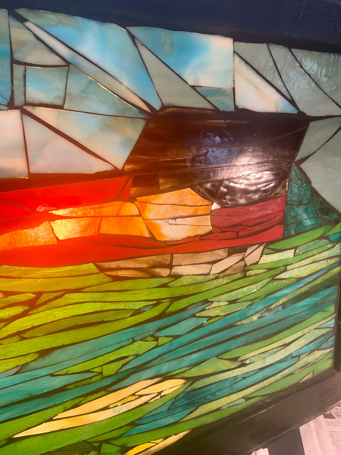 Steamer boat stained glass window. Framed mosaic hanging glass art. Large nautical wall panel. Gift idea for a boat lover.