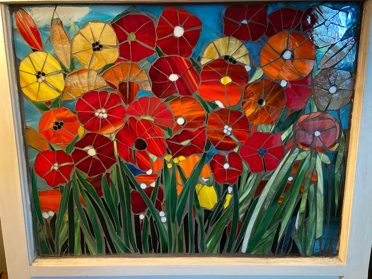 Mosaic poppy window, poppy mosaic, stained glass window, Flower art, poppy art, stained glass mosaic, poppy symbolism, botanicals