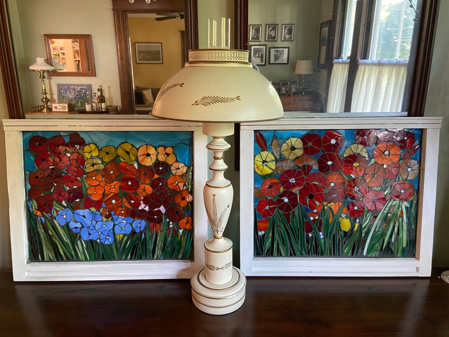 Mosaic poppy window, poppy mosaic, stained glass window, Flower art, poppy art, stained glass mosaic, poppy symbolism, botanicals