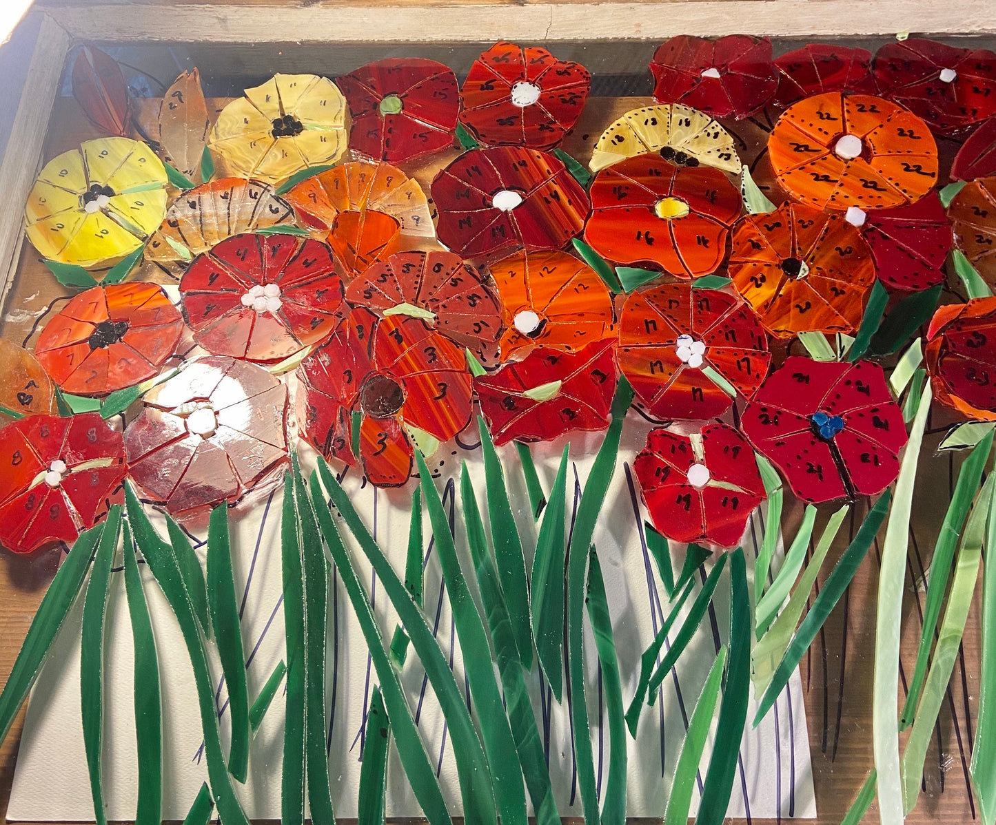 Mosaic poppy window, poppy mosaic, stained glass window, Flower art, poppy art, stained glass mosaic, poppy symbolism, botanicals