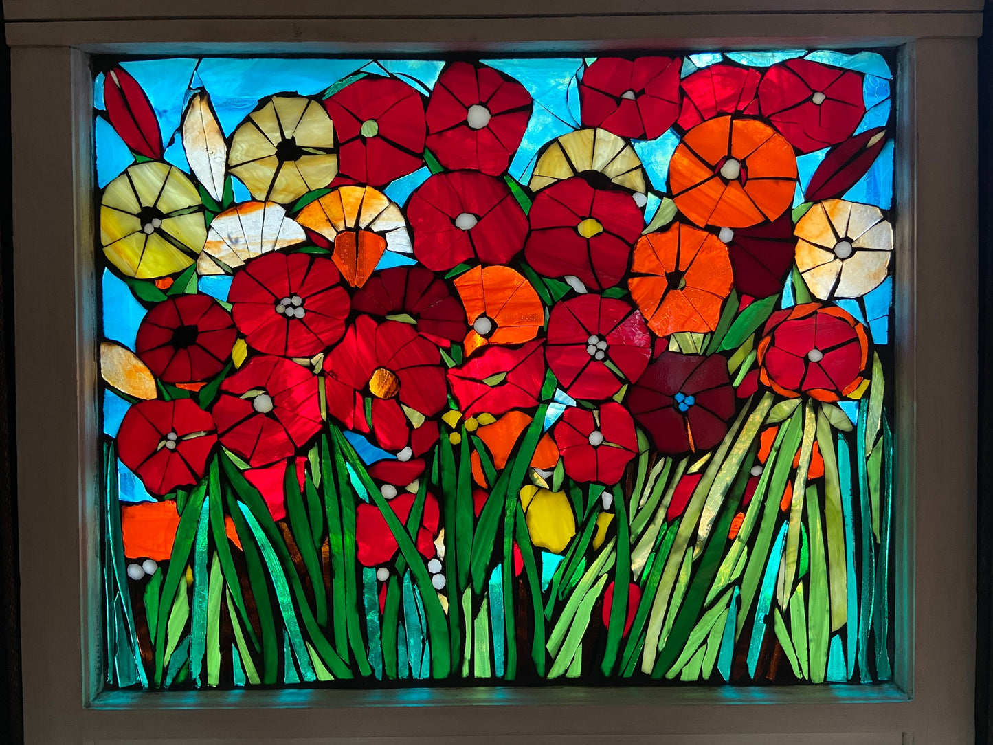 Mosaic poppy window, poppy mosaic, stained glass window, Flower art, poppy art, stained glass mosaic, poppy symbolism, botanicals
