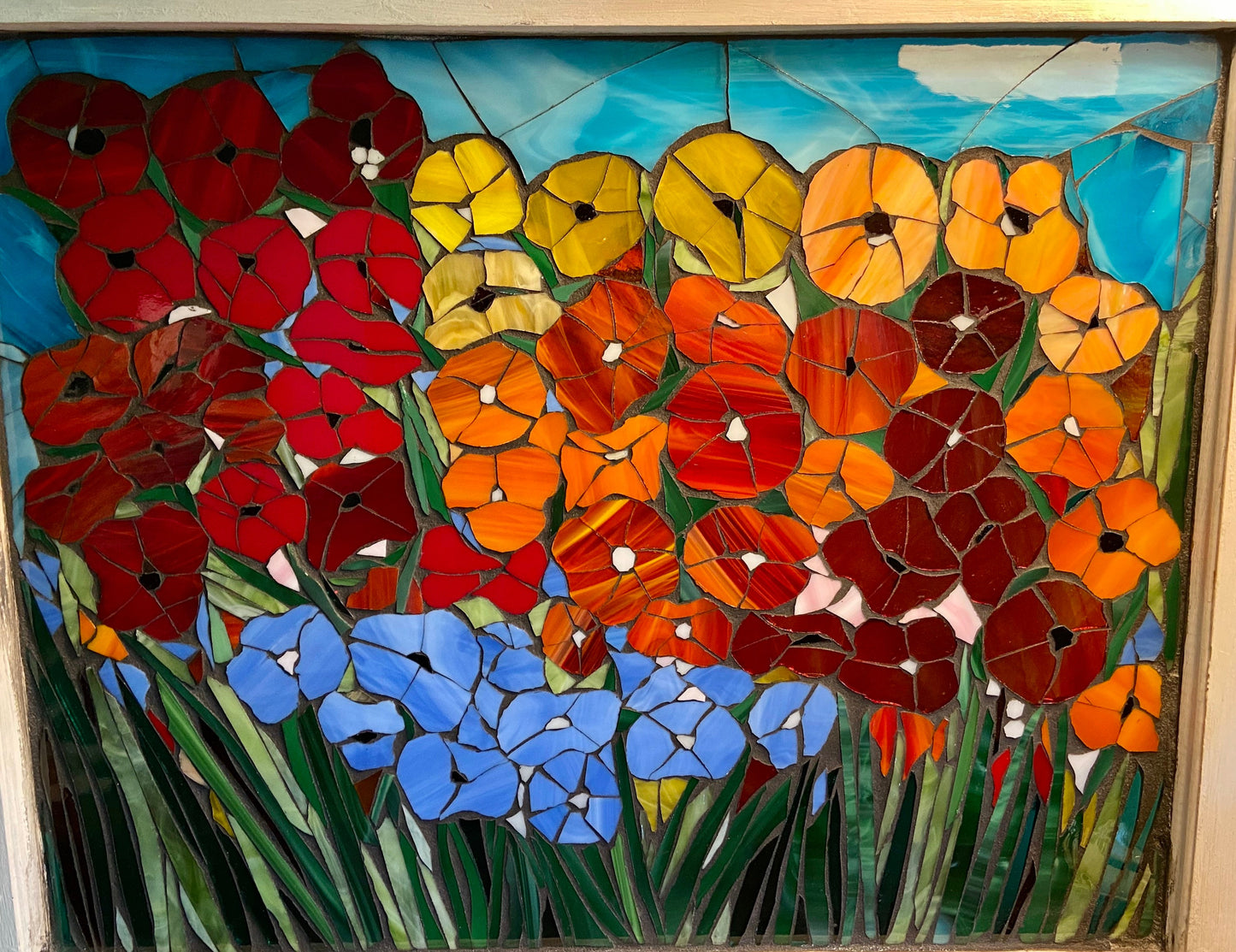 Mosaic poppy window, poppy mosaic, stained glass window, Flower art, poppy art, stained glass mosaic, blue poppies, botanicals