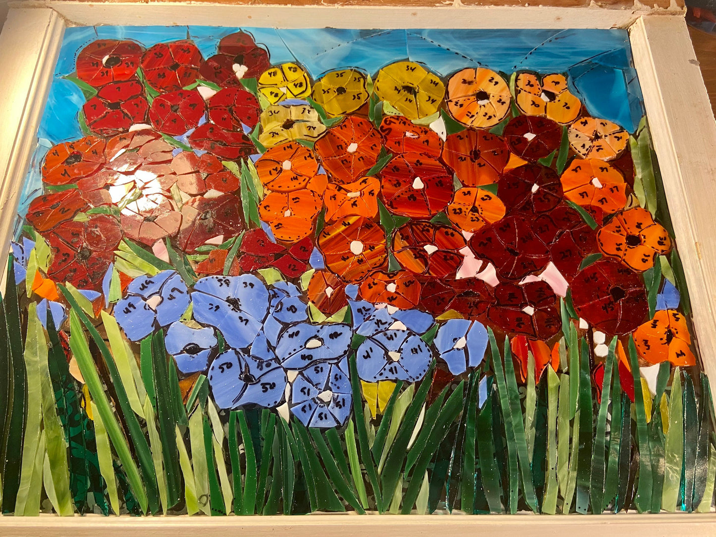 Mosaic poppy window, poppy mosaic, stained glass window, Flower art, poppy art, stained glass mosaic, blue poppies, botanicals