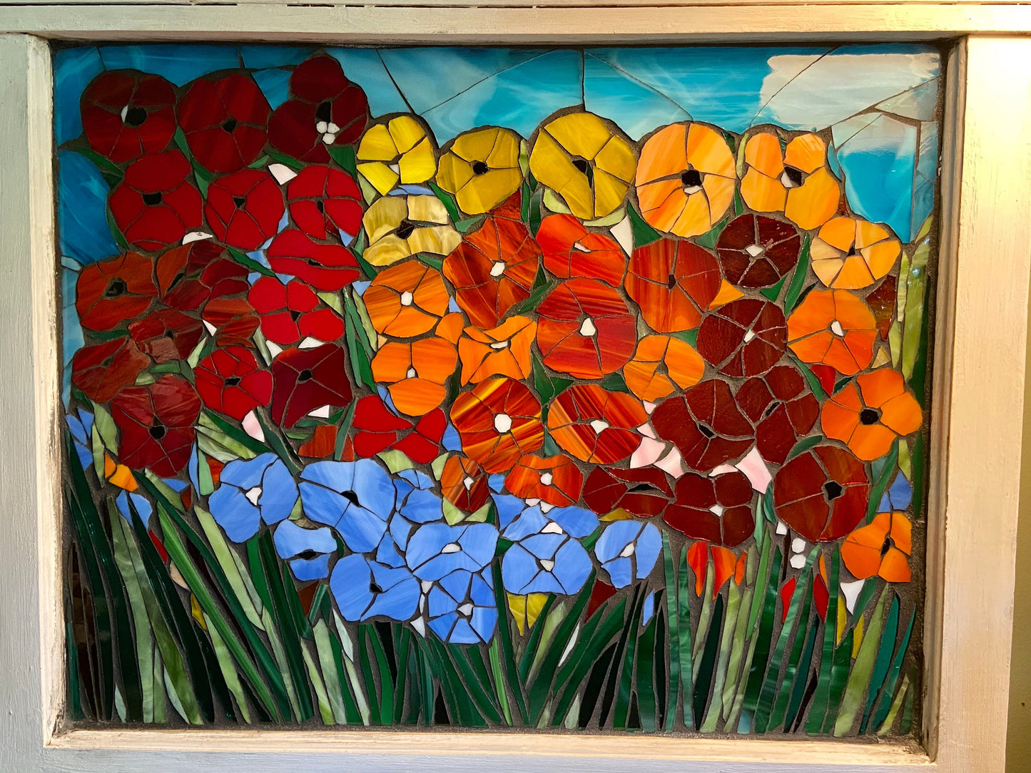 Mosaic poppy window, poppy mosaic, stained glass window, Flower art, poppy art, stained glass mosaic, blue poppies, botanicals
