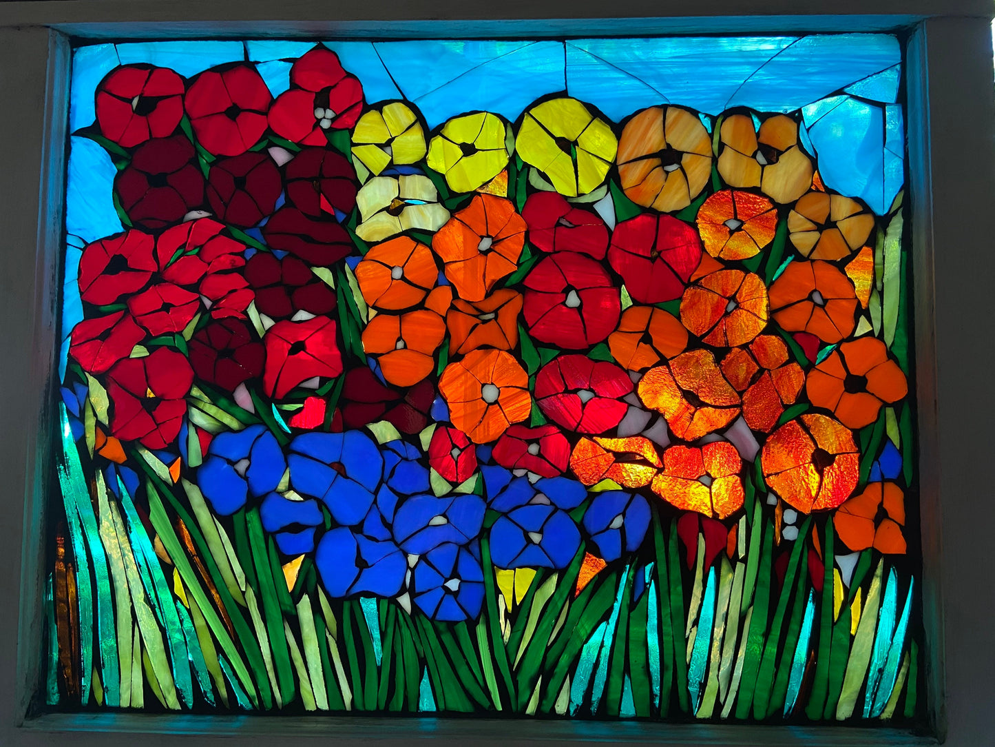Mosaic poppy window, poppy mosaic, stained glass window, Flower art, poppy art, stained glass mosaic, blue poppies, botanicals