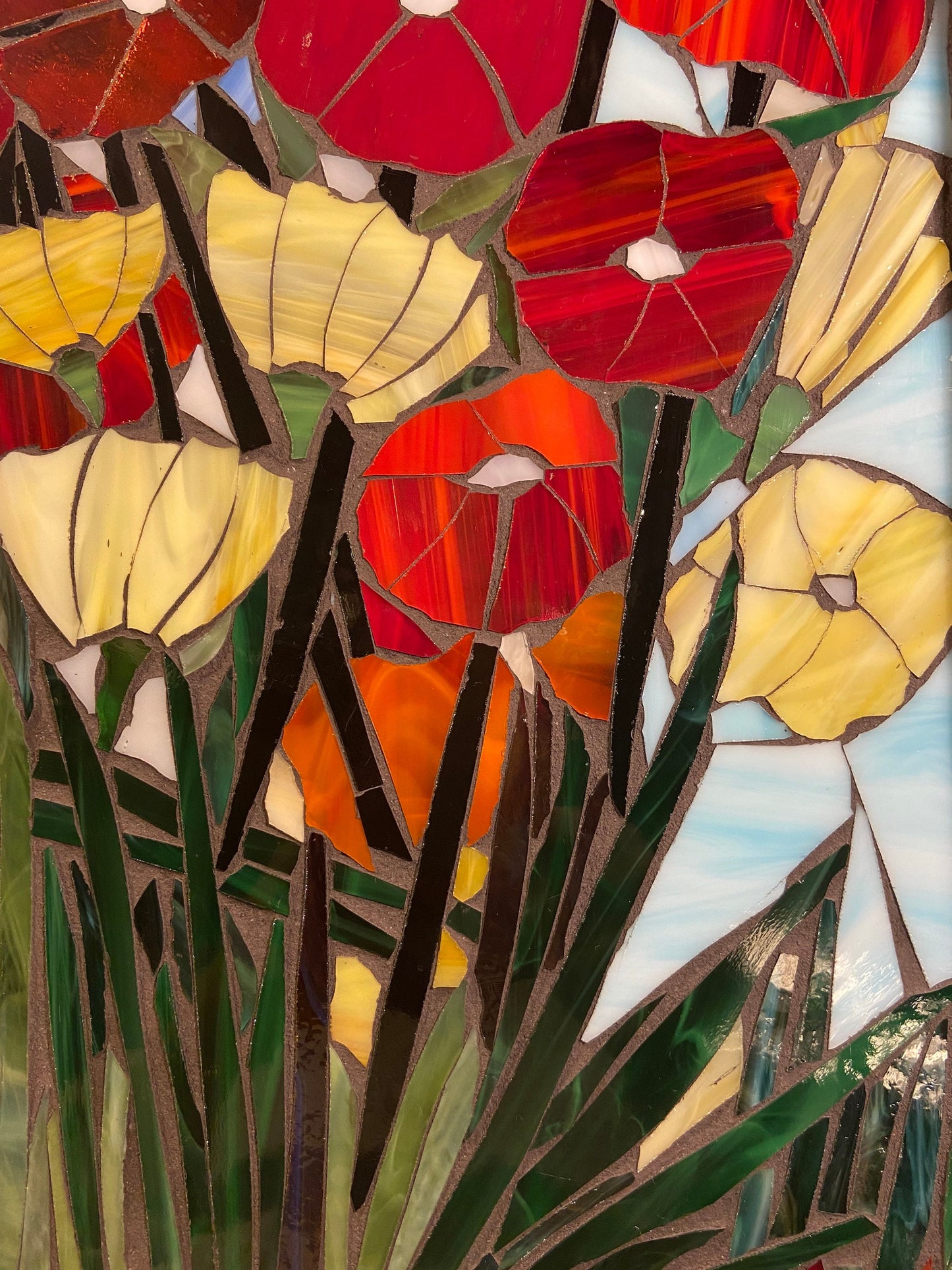 Mosaic poppy window, poppy mosaic, stained glass window, Flower art, California Poppy, stained glass mosaic, poppies garden art, botanicals