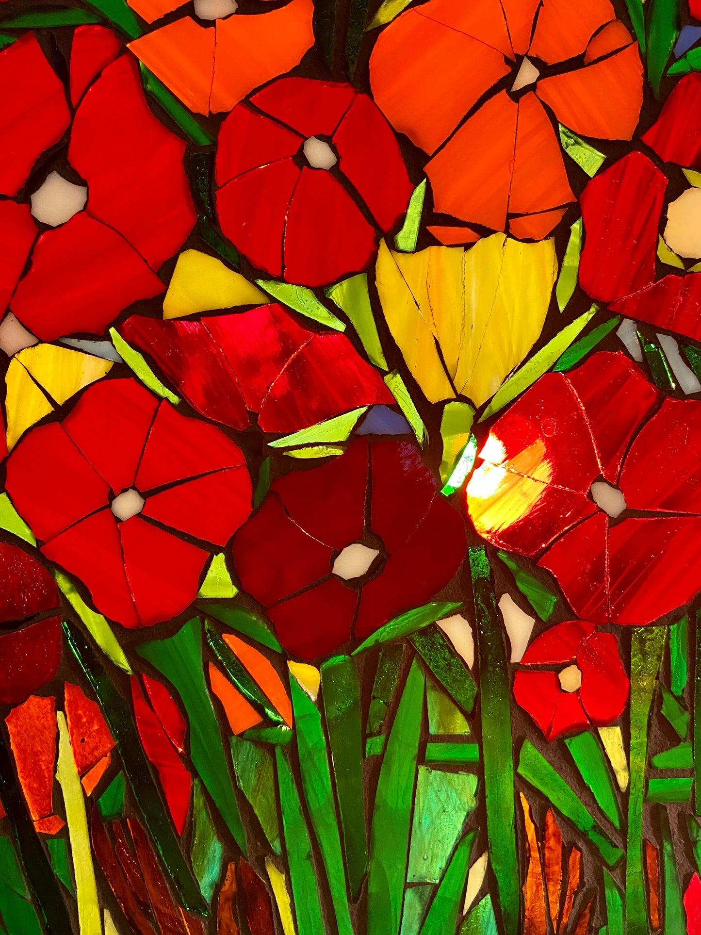 Mosaic poppy window, poppy mosaic, stained glass window, Flower art, California Poppy, stained glass mosaic, poppies garden art, botanicals