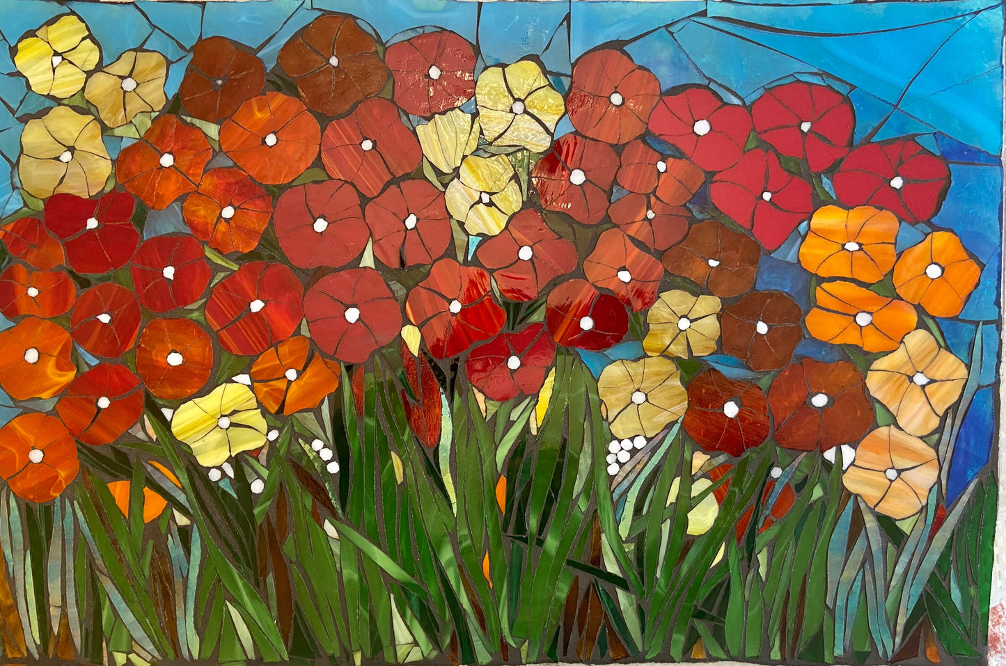 Poppy mosaic window, stained glass window, Flower art, garden art, botanicals, yellow poppies optimism