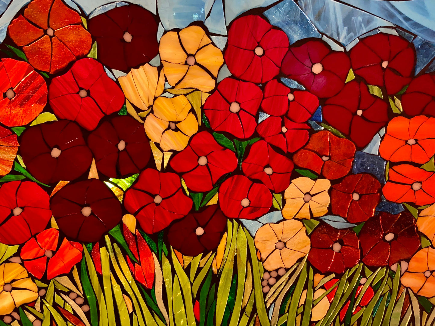 Poppy mosaic window, stained glass window, Flower art, garden art, botanicals, yellow poppies optimism