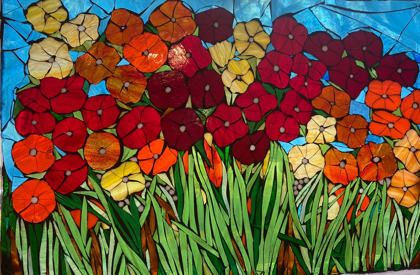 Poppy mosaic window, stained glass window, Flower art, garden art, botanicals, yellow poppies optimism