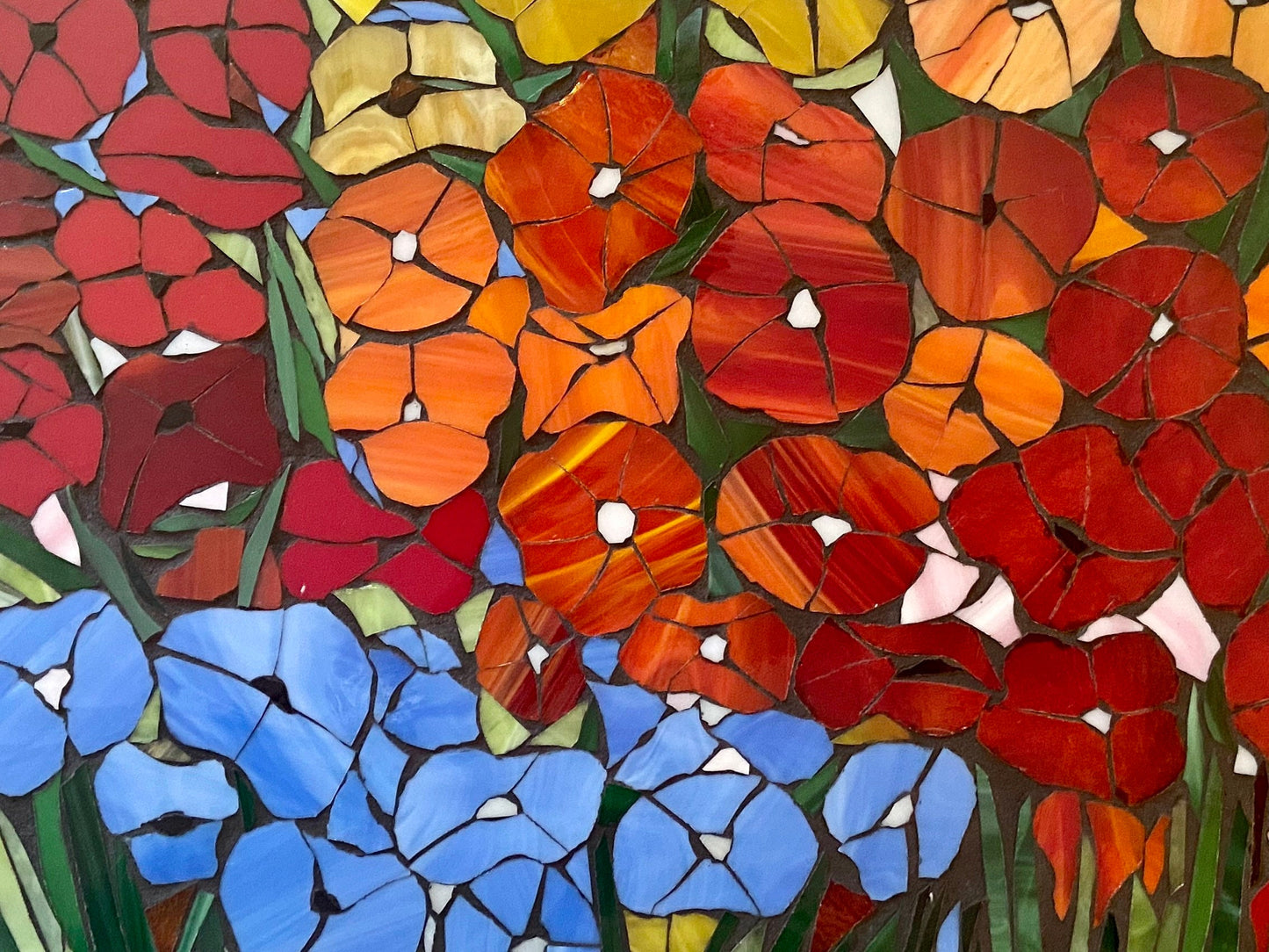 Mosaic poppy window, poppy mosaic, stained glass window, Flower art, poppy art, stained glass mosaic, blue poppies, botanicals